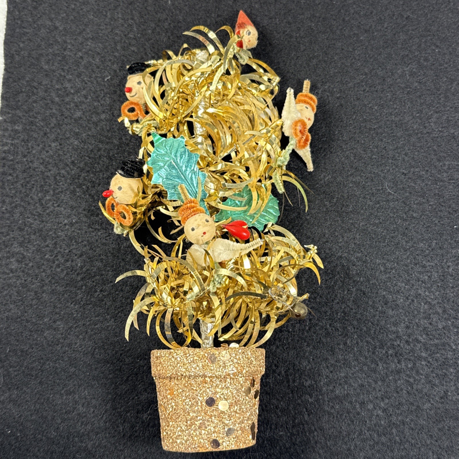 Vintage MCM 50s Tabletop Decor Potted Christmas Tree Spun Cotton Ornaments 8.5