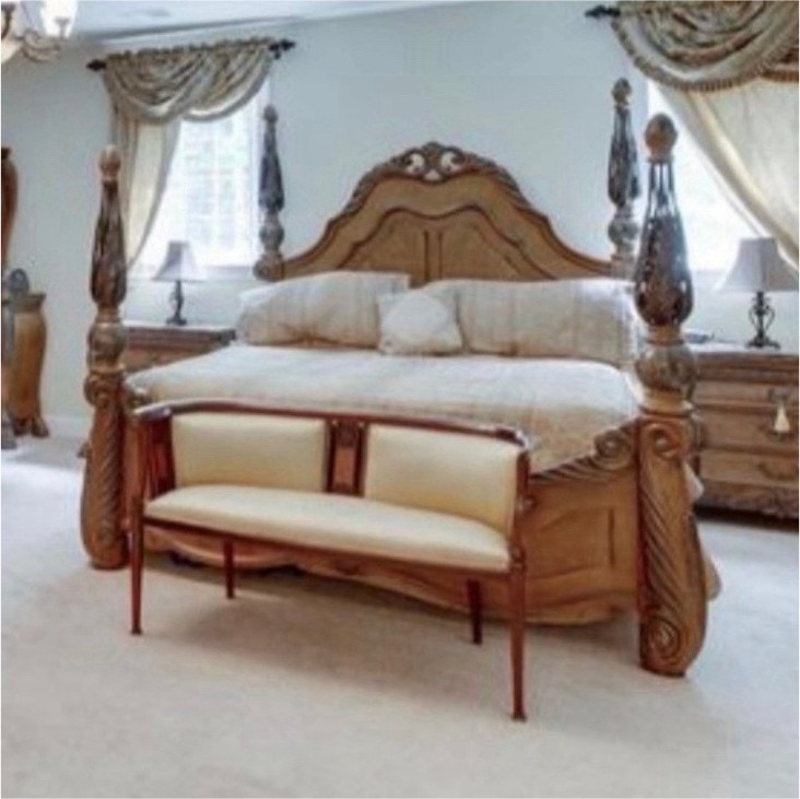 Michael Amini Signature Series Bed Set with Antique Brass Carved Wood Michael Amini Signature Series Bed Set with Antique Brass Carved Wood