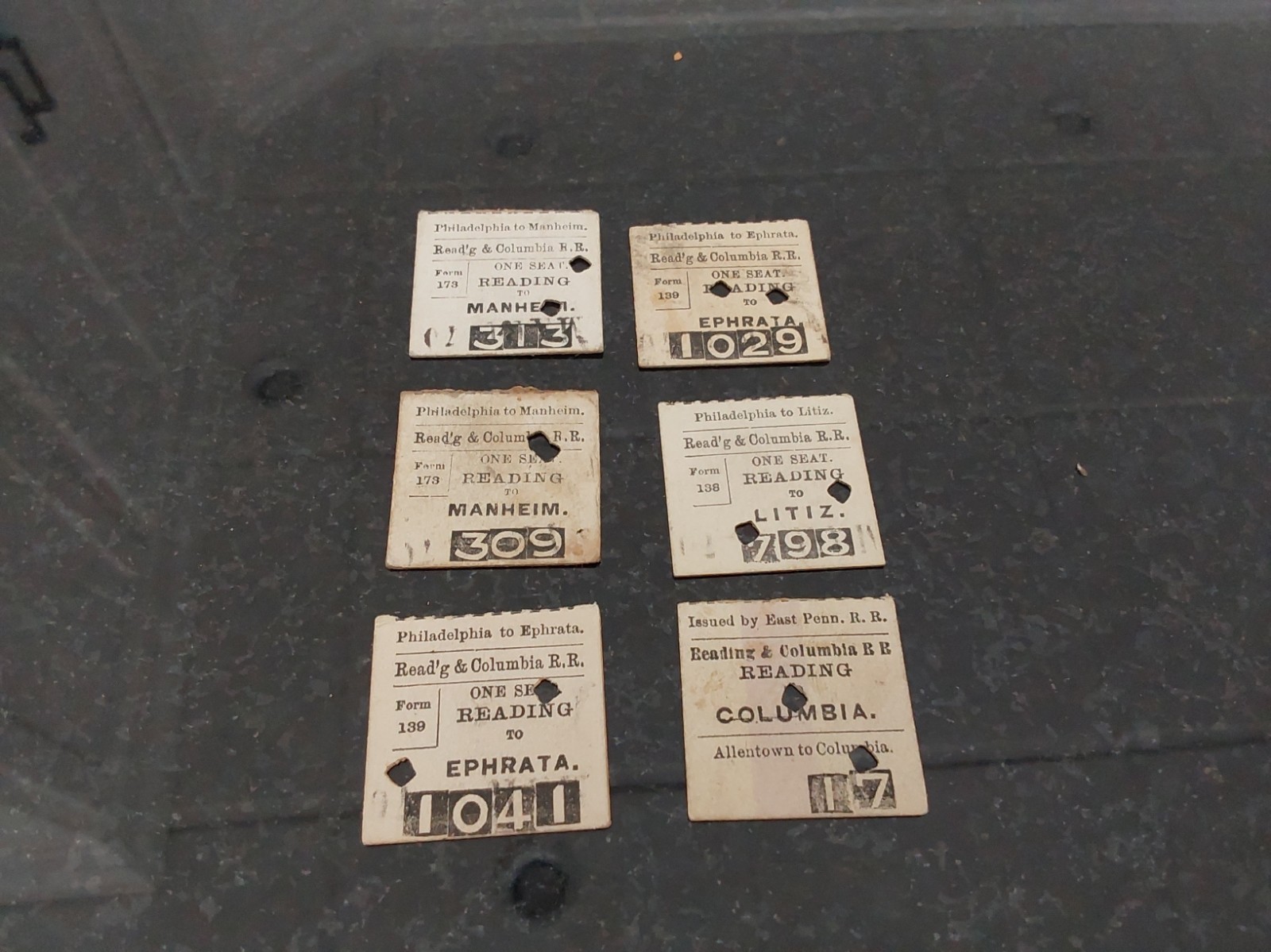6 1870 Reading & Columbia Railroad Train Ticket Stubs Manheim Ephrata Lititz