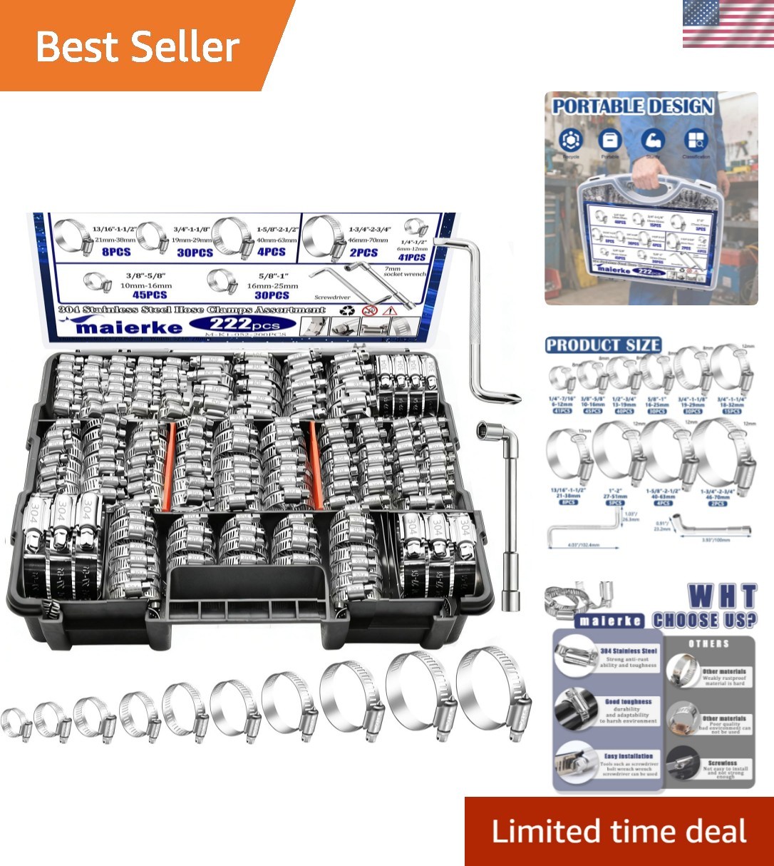 Professional Grade 222PCS Adjustable Hose Clamps - 304 Stainless Steel Quality