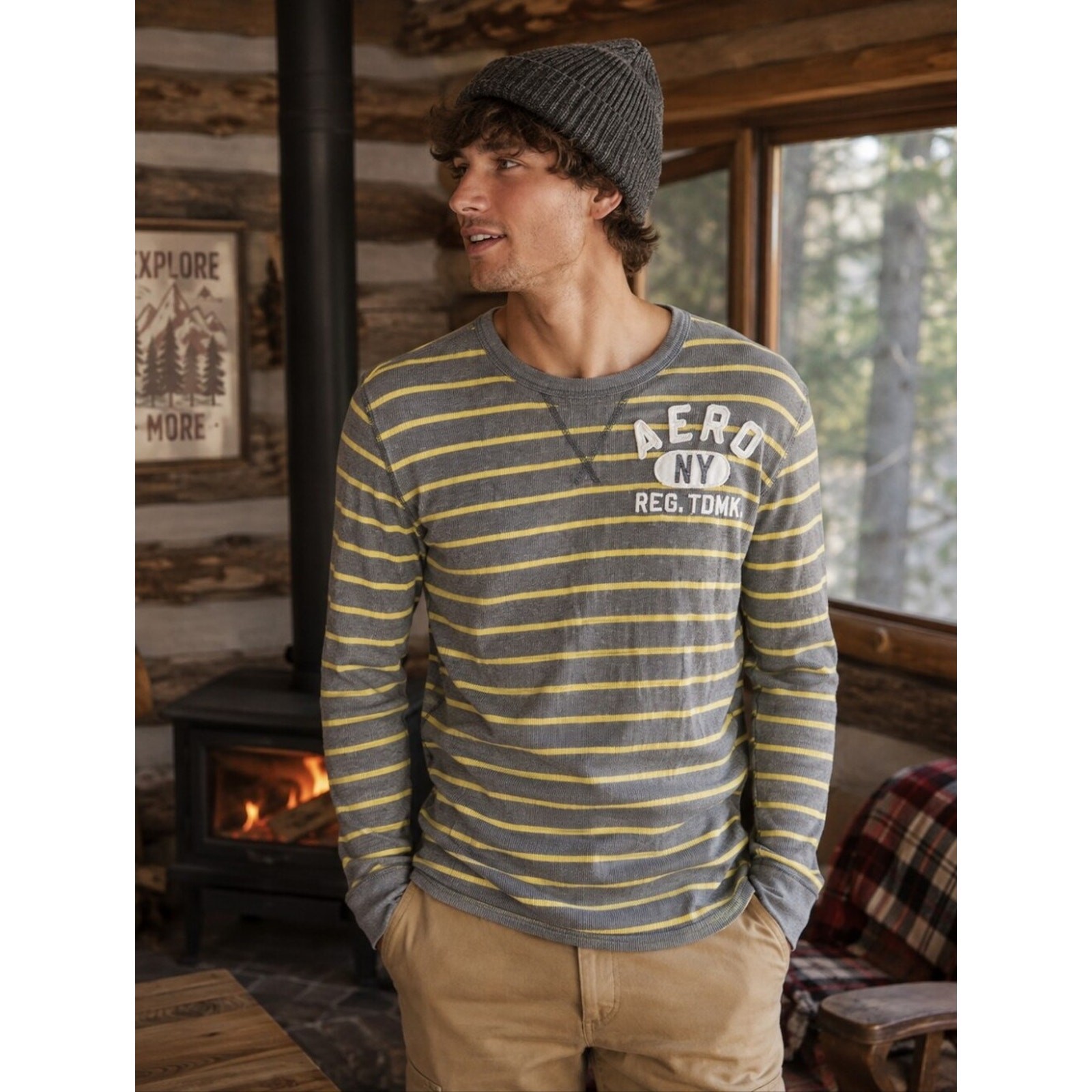 Aeropostale Waffle Knit Thermal Shirt Mens M Gray Yellow Stripe Outdoor Y2K Cozy