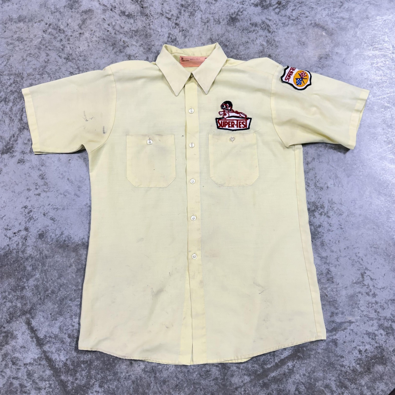 Vintage Red-E-Prest Shirt Mens Medium Yellow Super-Test Racing Short Sleeve