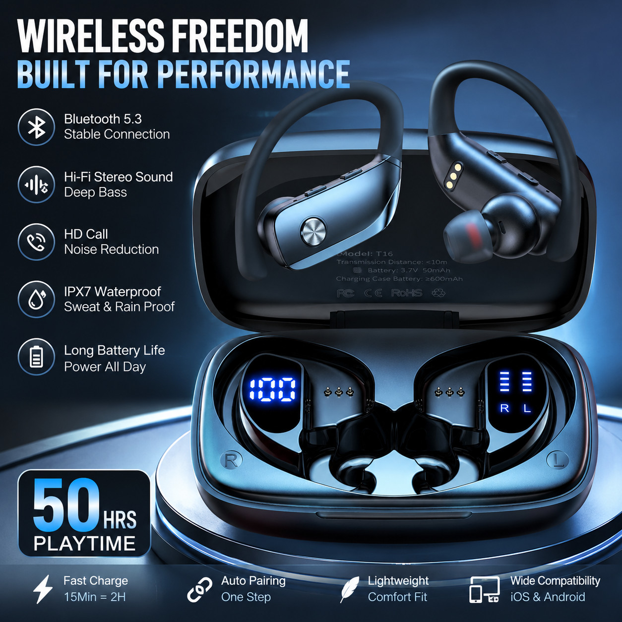 Bluetooth 5.3 Wireless Earbuds Ear Hook Sports Headphones TWS LED Display Case Bluetooth 5.3 Wireless Earbuds Ear Hook Sports Headphones TWS LED Display Case