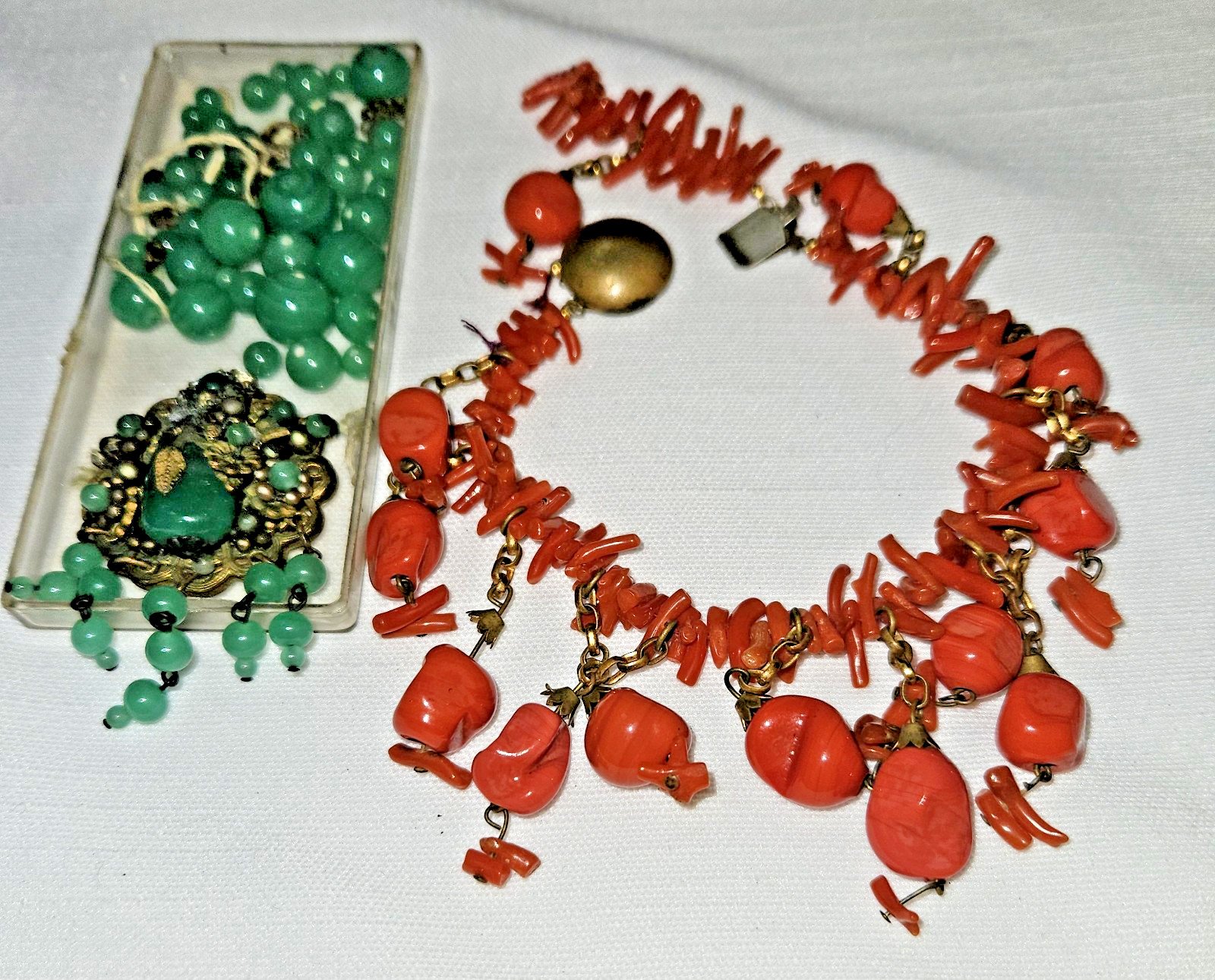 Vintage Miriam Haskell Unsigned 1930 Branch Coral & Green Glass Necklace Parts