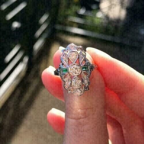 Vintage Three Stone Cocktail Ring 14K White Gold Over 2.3 Ct Simulated Diamond