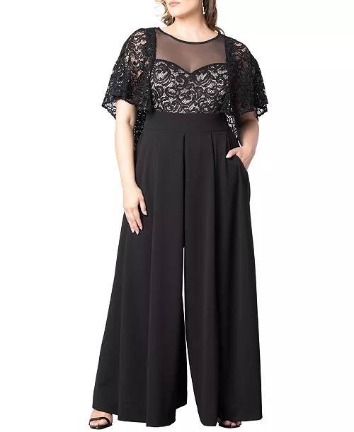 Kiyonna Plus Size Alluring Sequins Lace Formal Jumpsuit Black 4X NWT $288