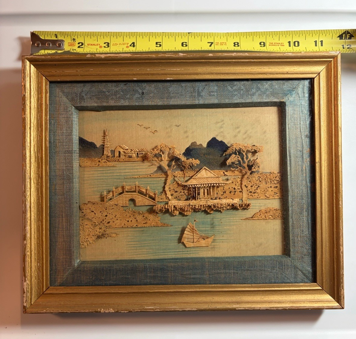 Vtg. Chinese Fuzhou Cork Carving Diorama 3D Landscape Bridge Pagoda Framed