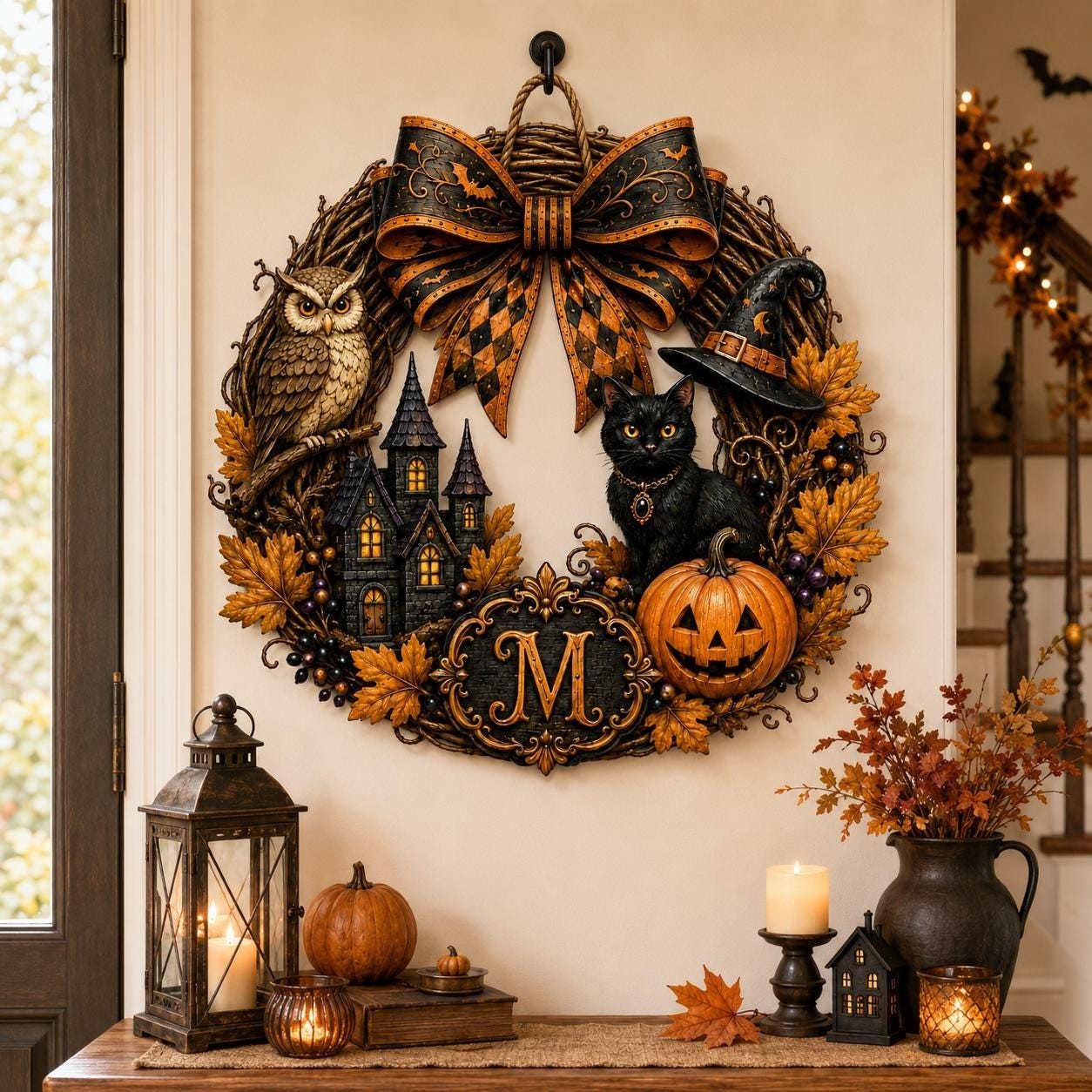 Personalized Halloween Wreath Wooden Door Sign Hanger Custom Family Name Decor