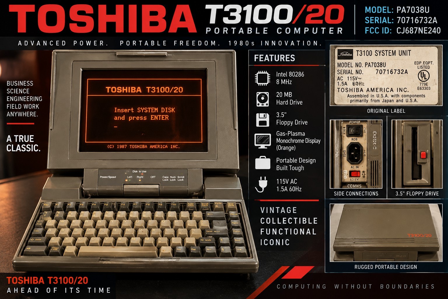 Toshiba T3100/20 PA7038U Vintage 80286 Portable Computer Plasma Display 20MB HDD