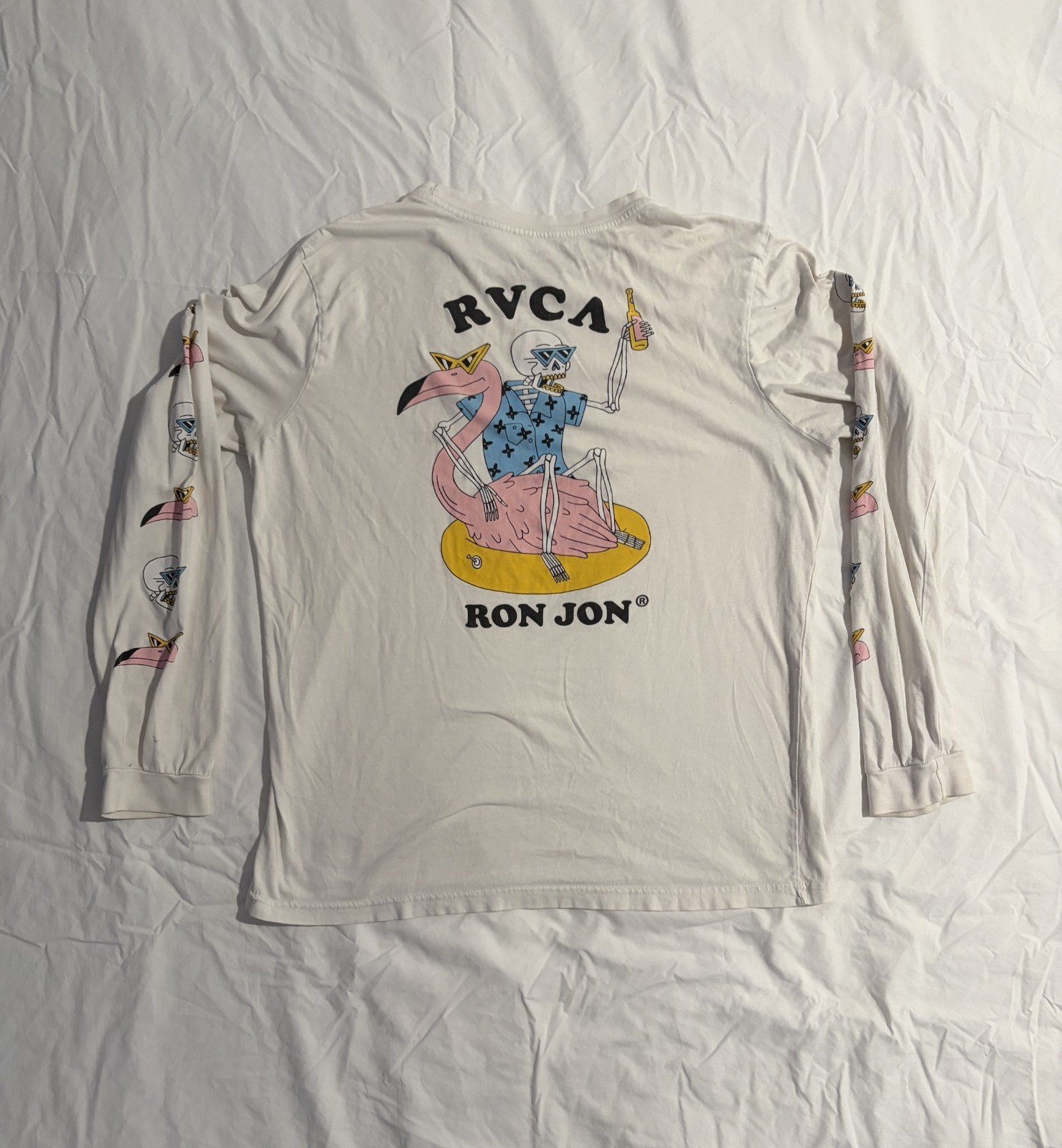 Vintage RVCA x Ron Jon Skeleton Flamingo Surfing White Long Sleeve Shirt M - Y2K