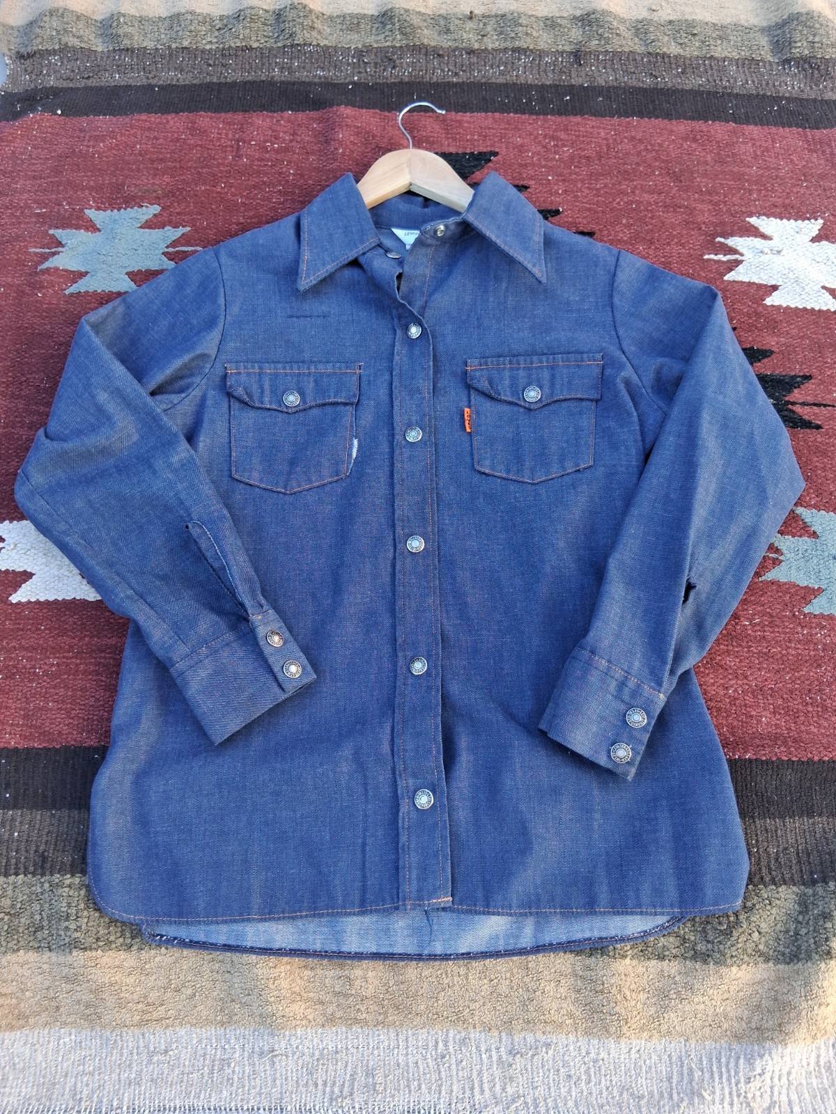 1970s Levis Womens Button Snap Shirt Dark Blue Western Orange Tab 1970s Levis Womens Button Snap Shirt Dark Blue Western Orange Tab