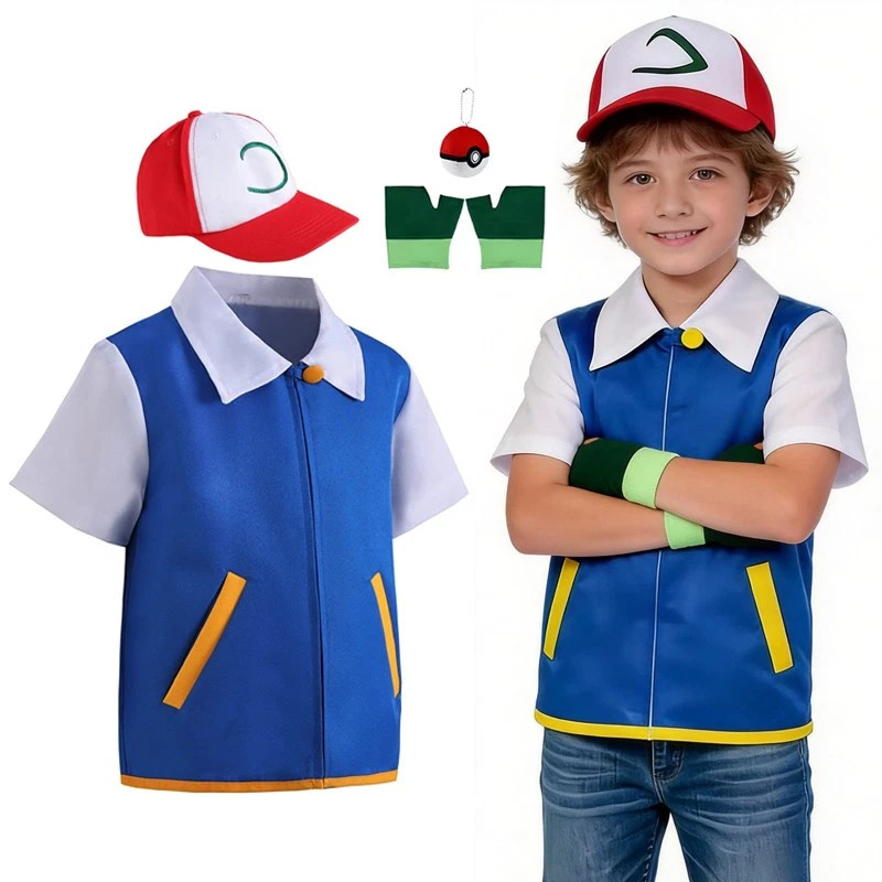 Kids Adults Trainer Anime Ash Ketchum Costume for Kids Halloween Party Cosplay