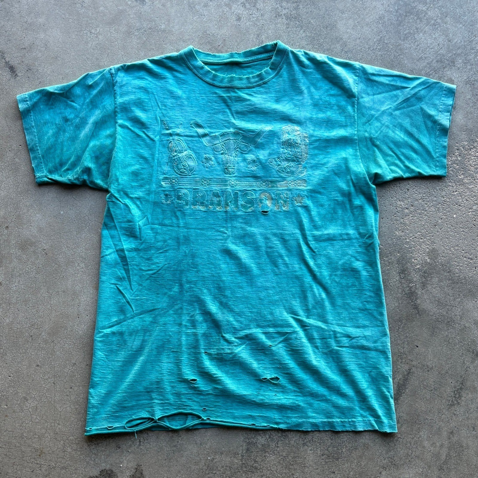 Vtg Branson Graphic Tee Mens L Teal Fair Distressed Thrashed Y2K Western Baggy