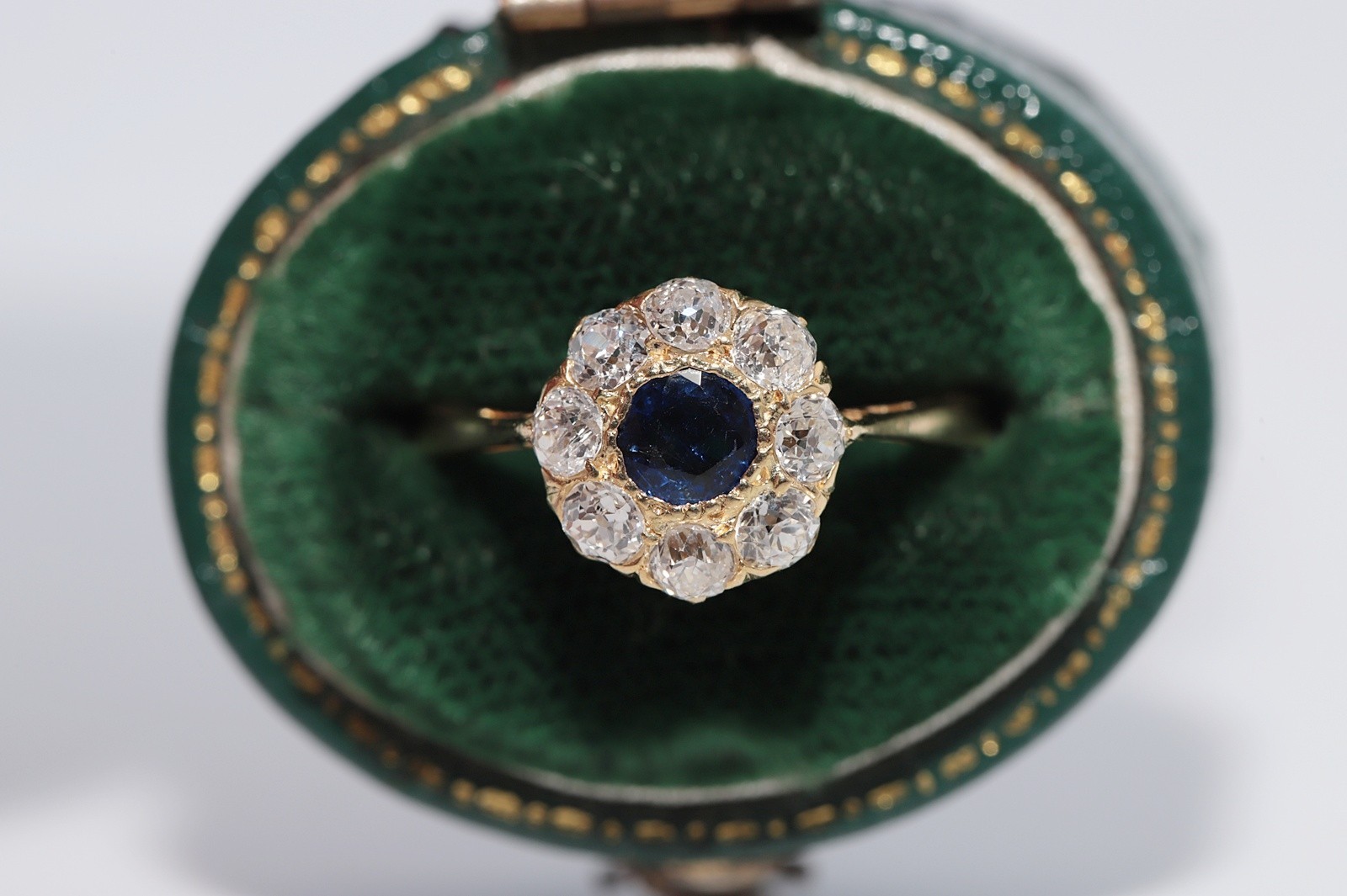 Antique Circa 1900s 18k Gold Natural Old Cut Diamond And Sapphire Ring