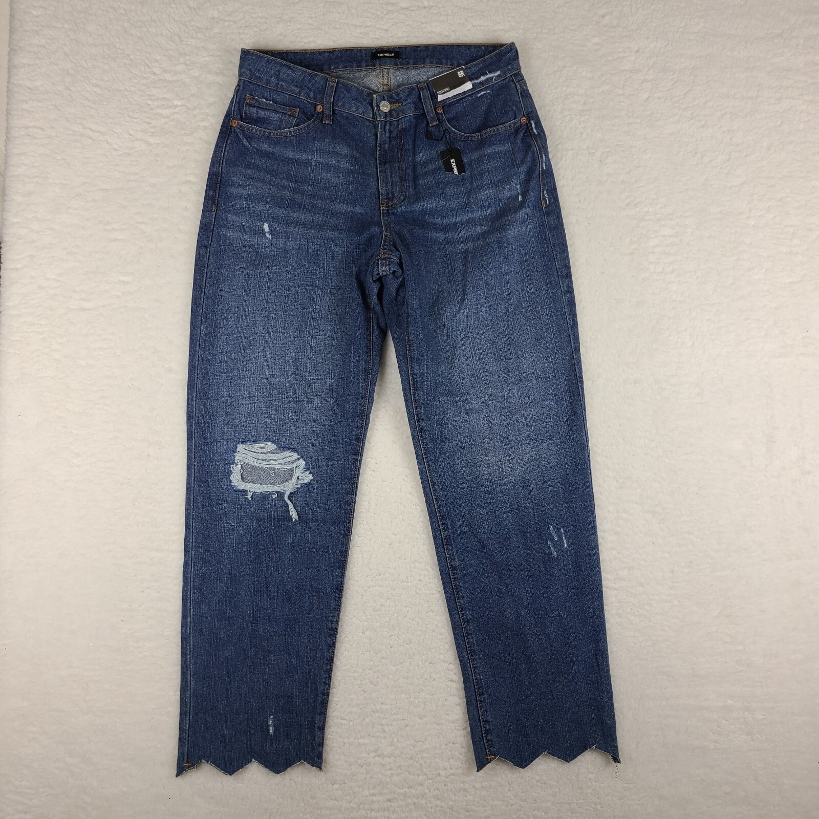 Express Jeans Womens 8 Blue Boyfriend Mid Rise Distress Dark Wash Denim NWT NEW