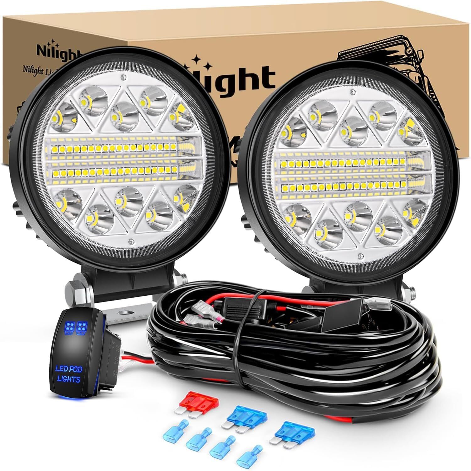 Nilight 2PCS 4.5 Inch LED Pods Round Spot Flood Combo Work Lights Wiring Harness