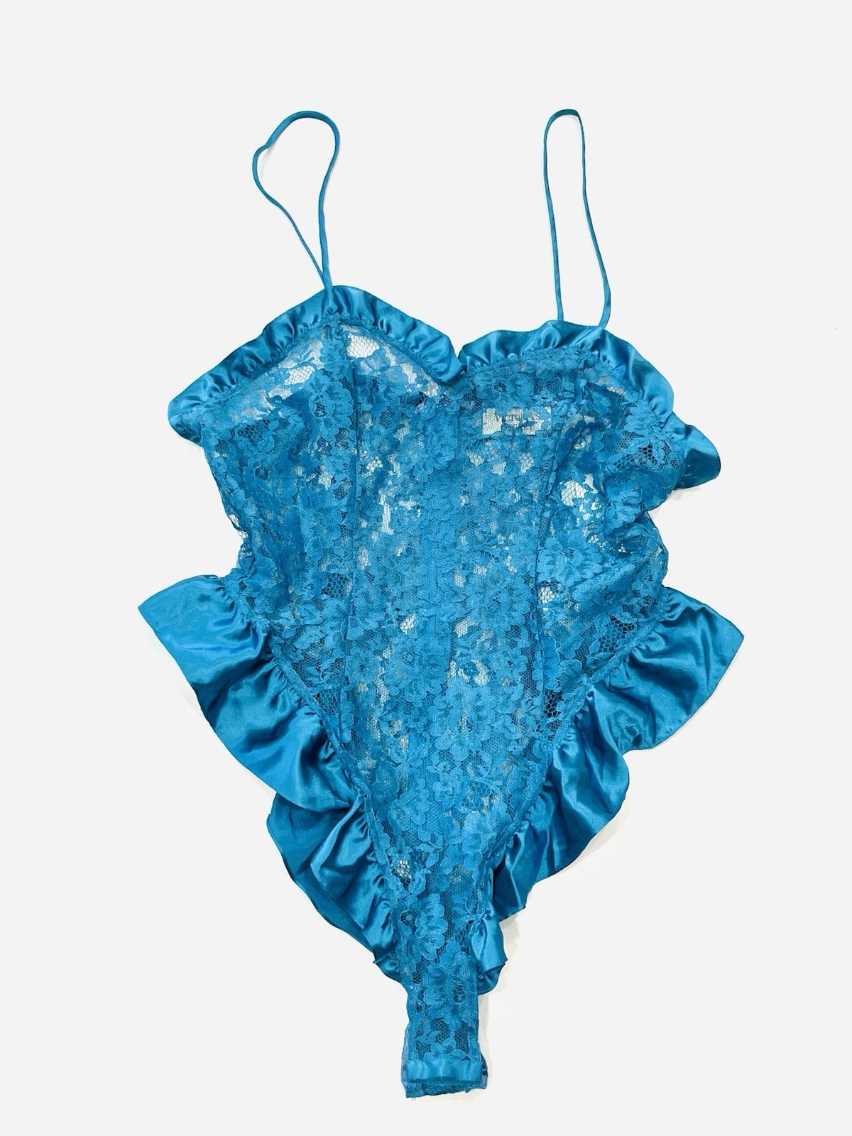 NWT Victoria\'s Secret VTG Gold Label Flutter Satin Lace Blue Teddy Bodysuit, M