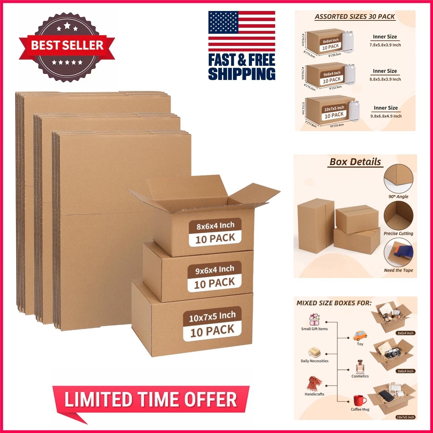 Pack of 30 Assorted Shipping Boxes - 10x7x5, 9x6x4, 8x6x4 Inches Kraft Mailers