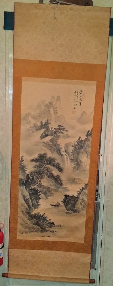 Vintage Japanese Ink Landscape Hanging Scroll (Kakejiku) w/ Original Wooden Box