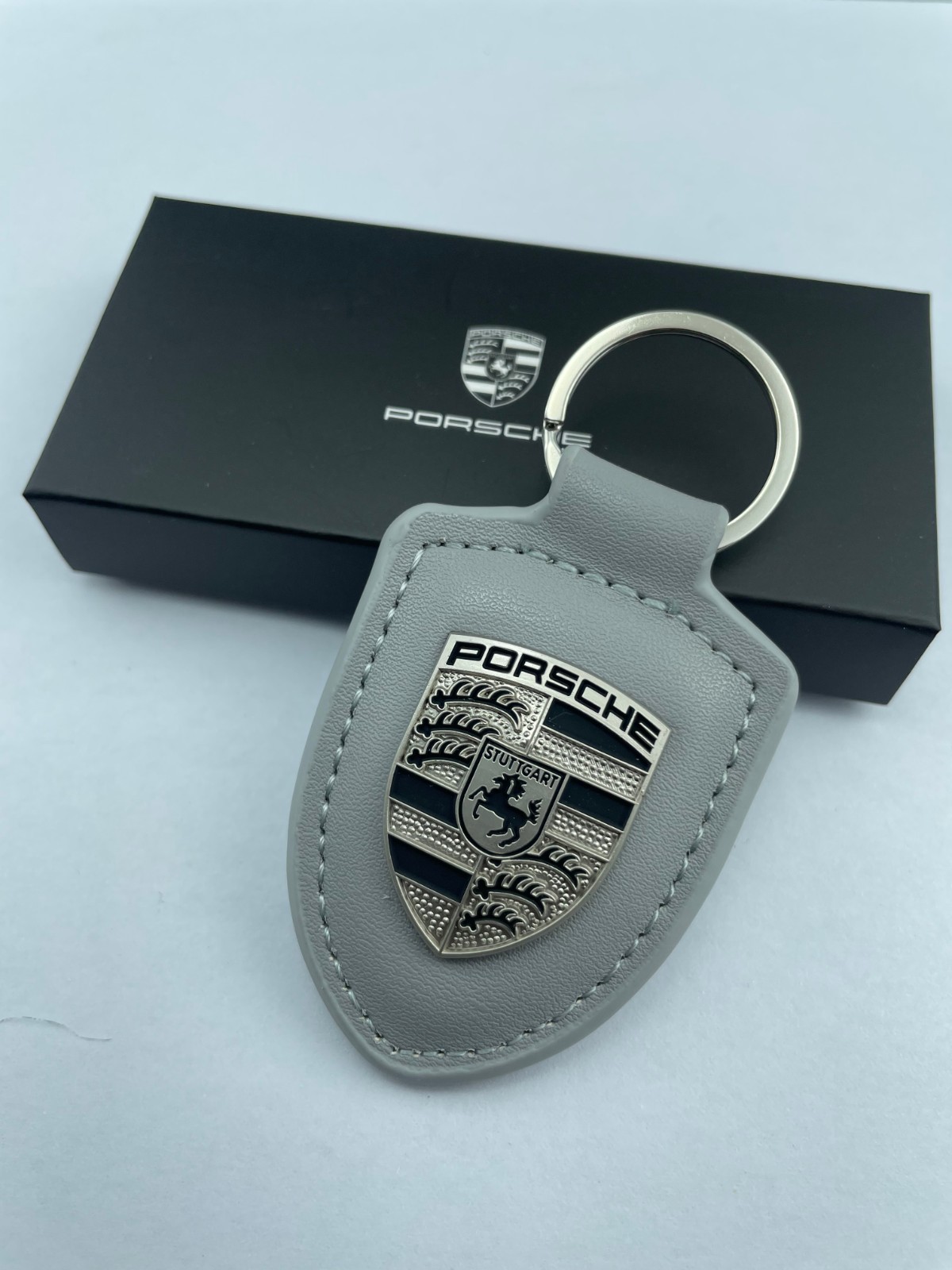 Porsche Exclusive Coat Of Arms Turbonite Gray Leather Keychain - Crest Key ring
