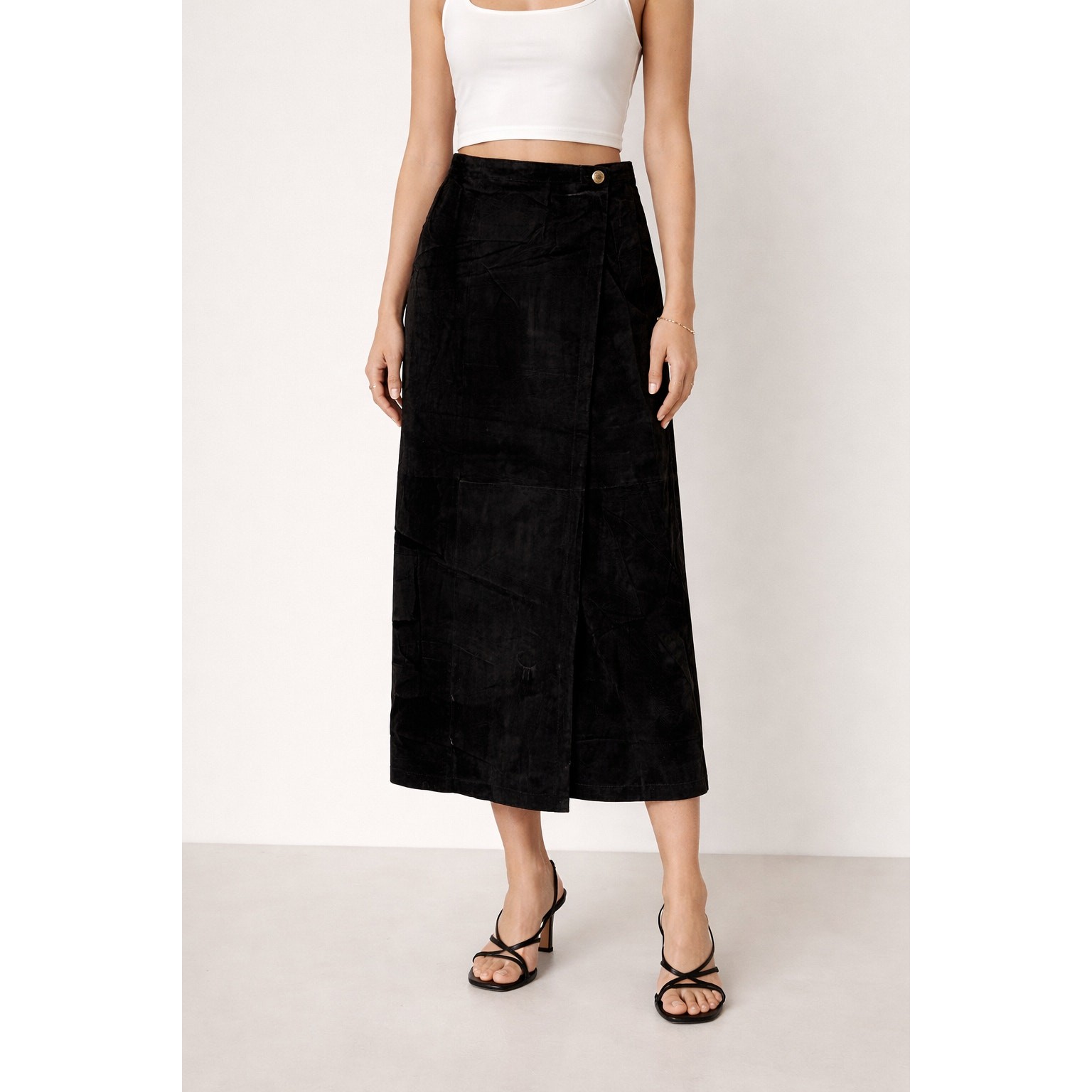 Vintage Forenza Midi Black Suede Leather Skirt Wrap Pencil Lined New Size 8
