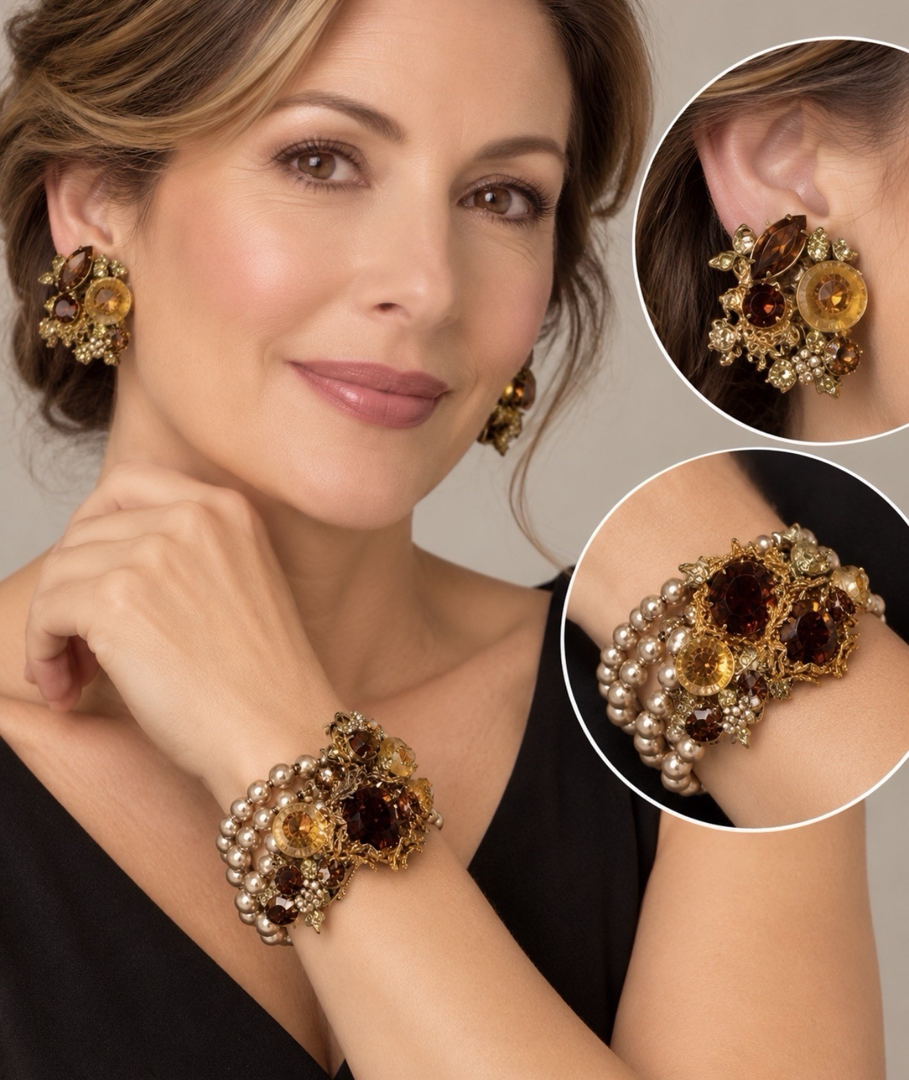 VTG.Miriam Haskell Bracelet Earrings Set Baroque Pearl Amber Rhinestone Signed
