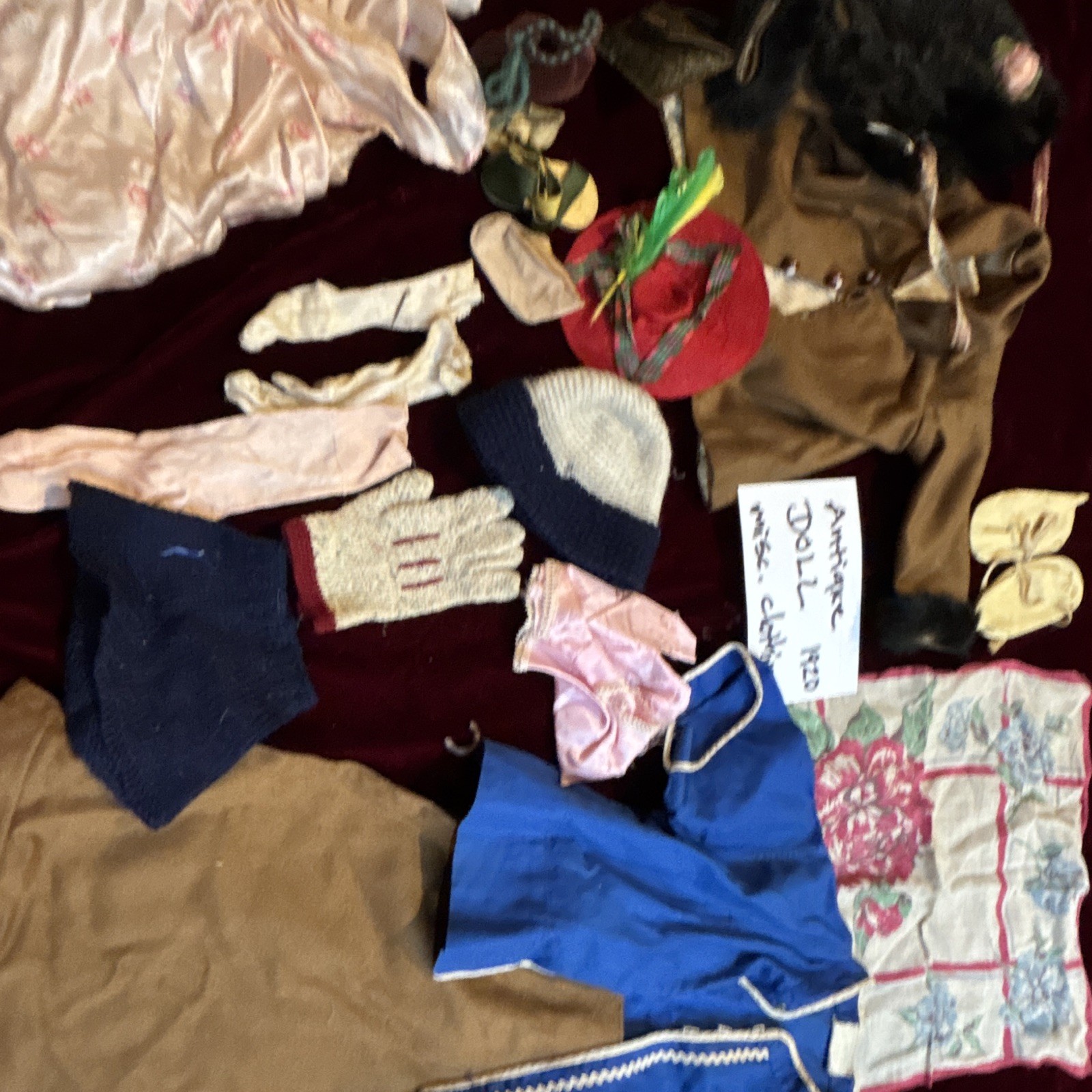 Vtg 1920s Antique Doll Clothes Accessories Lot Wool Coat Hats Shoes Single Mitte