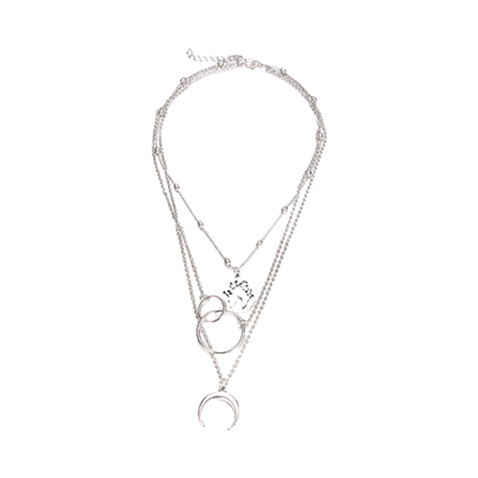 Multilayer Boho Crescent Moon World Map Layered Necklace Silver Tone Multilayer Boho Crescent Moon World Map Layered Necklace Silver Tone