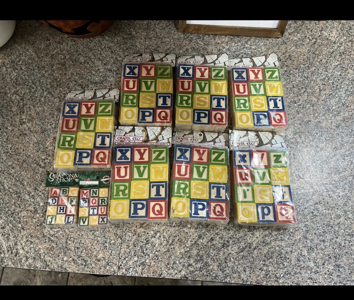 Vintage Wooden Alphabet Blocks Crafts Etc Sealed Lot – 7 Packs large 2 mini