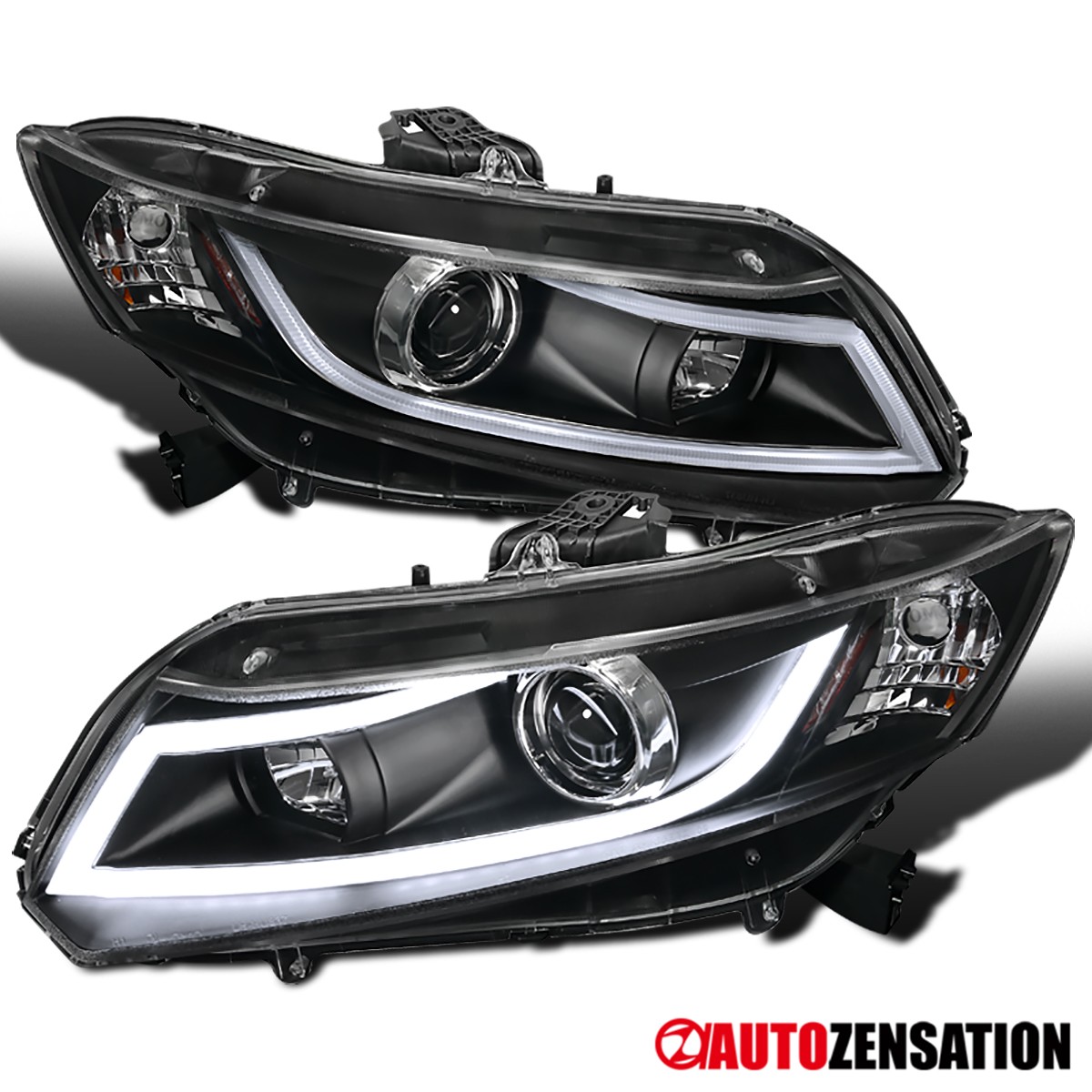 Fit 2012-2015 Honda Civic Coupe Sedan Black LED Tube Projector Headlights 12-15 Fit 2012-2015 Honda Civic Coupe Sedan Black LED Tube Projector Headlights 12-15