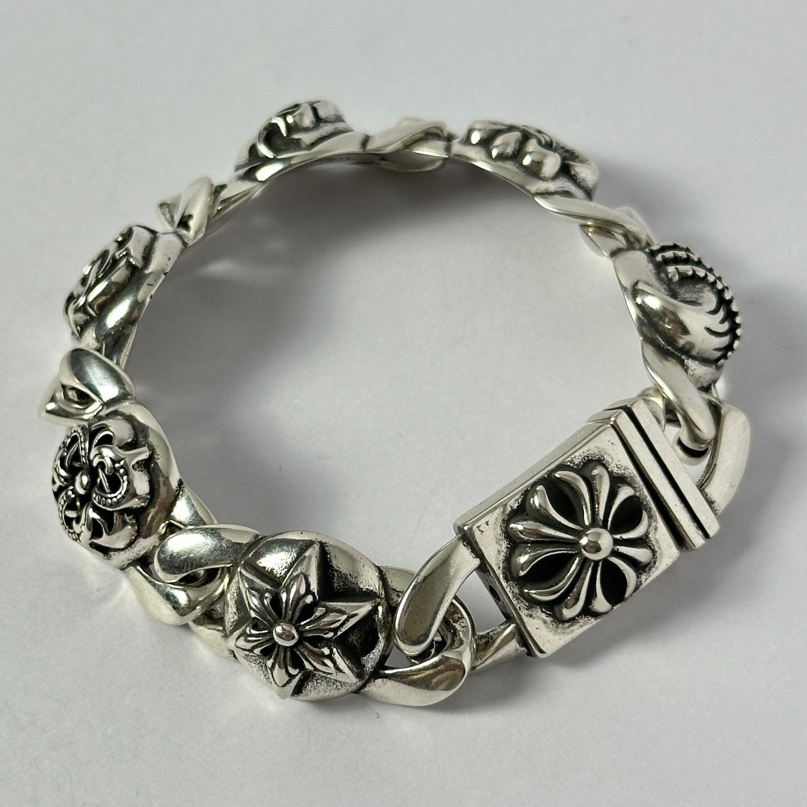 Chrome Hearts 925 Silver Multi Charm Link Box ID Bracelet 8.75 Inches