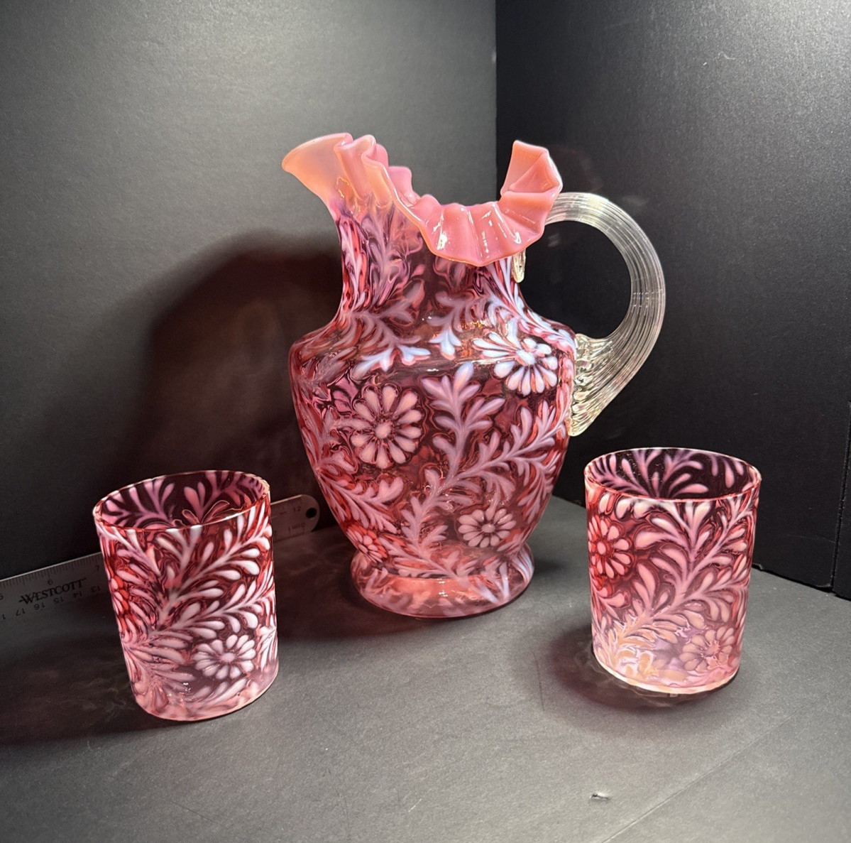 50's Fenton L.G. Wright Cranberry Opalescent Daisy & Fern Tankard & Tumblers