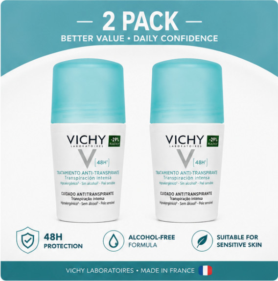VICHY 48H | 2 Pack Anti-Perspirant Roll-On Intense Perspiration Made in France