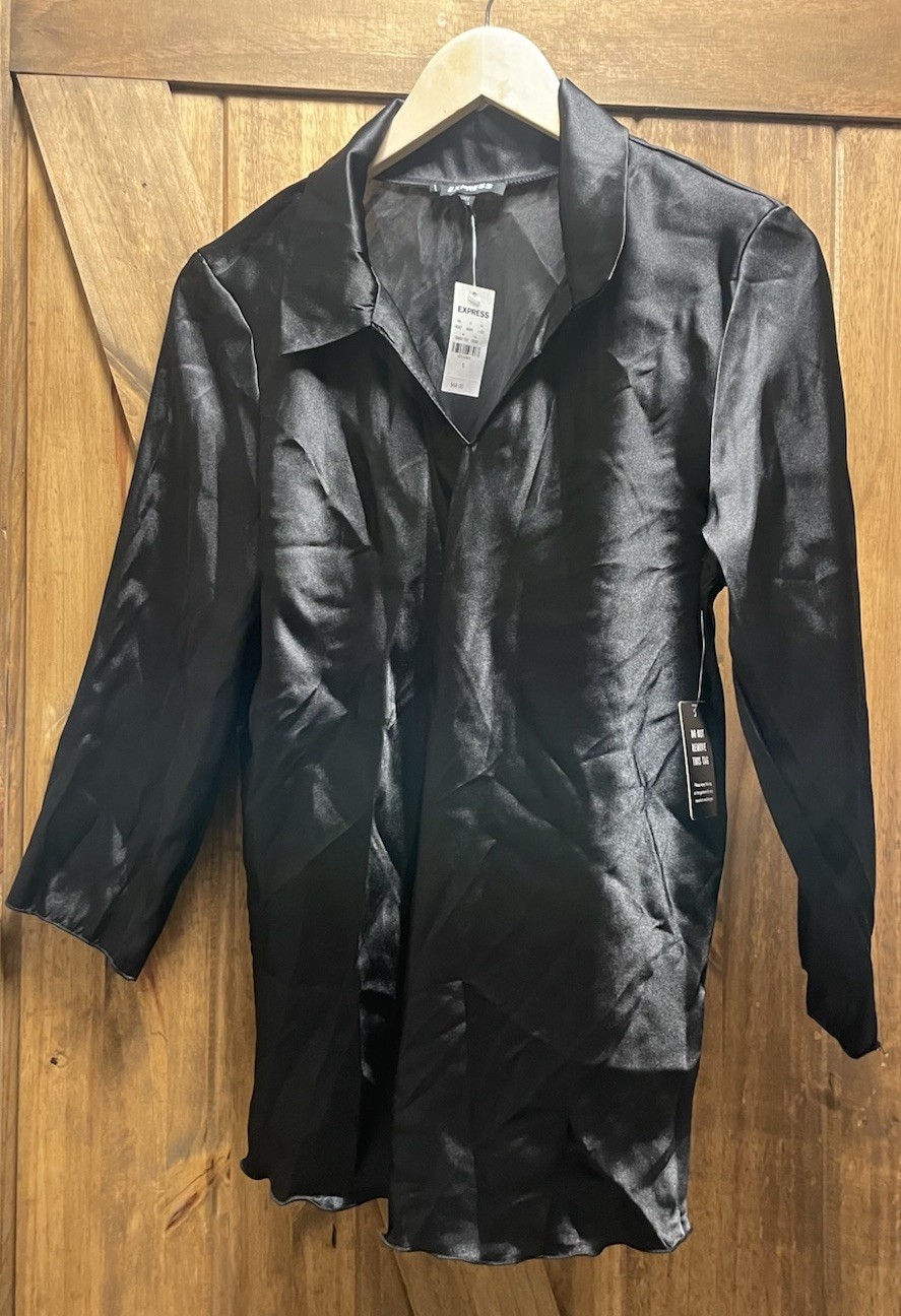 Express Satin V Neck Blouse 3/4 Sleeve Collared Lettuce Hem Black Size S NWT Express Satin V Neck Blouse 3/4 Sleeve Collared Lettuce Hem Black Size S NWT