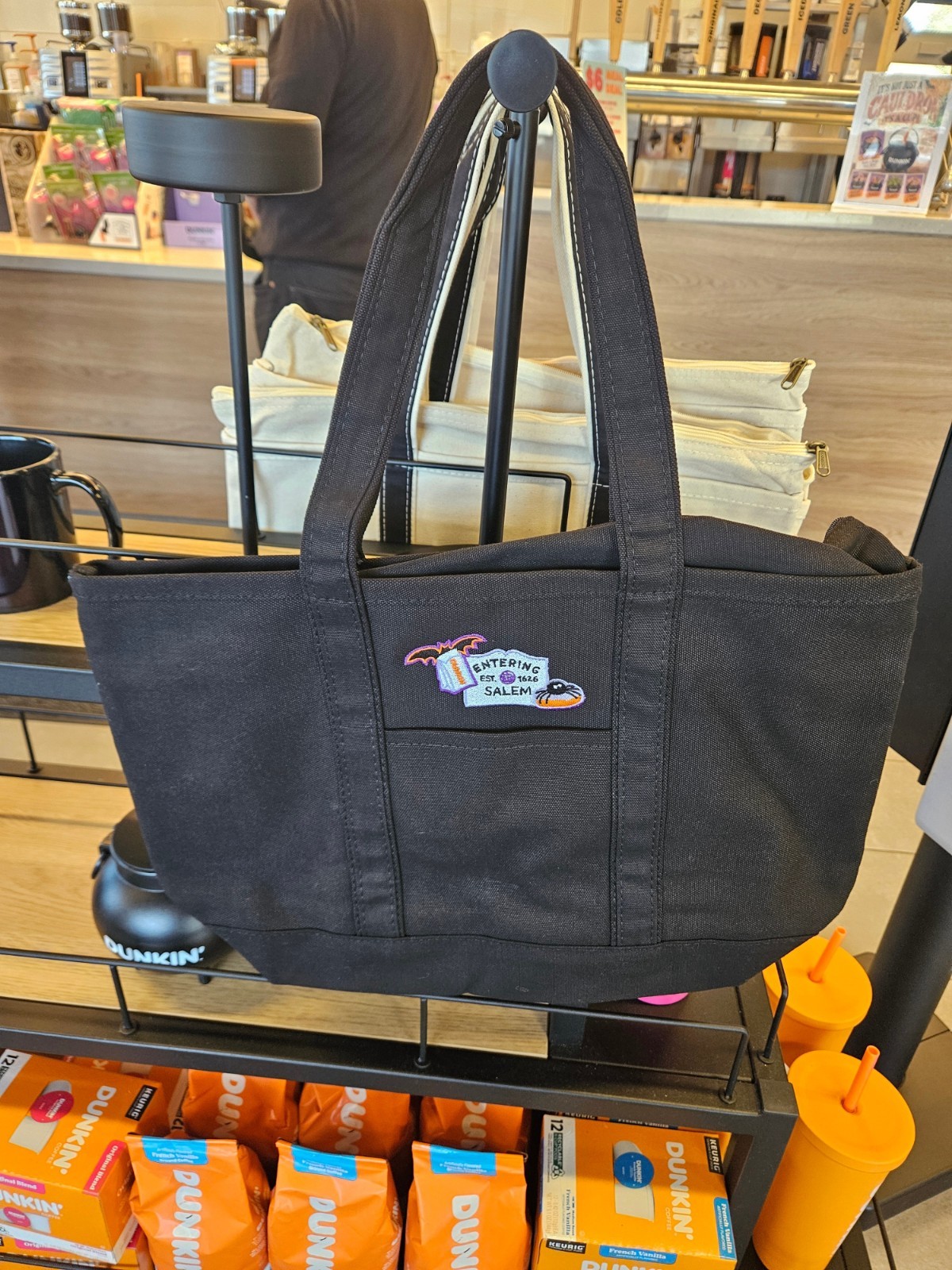 BRAND NEW 2026 Salem MA x Dunkin Donuts BLACK Canvas Tote Bag RARE HTF VIRAL LE