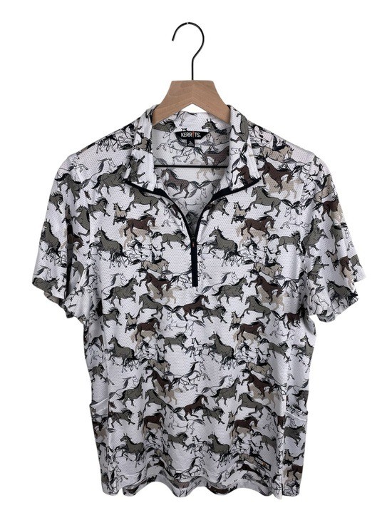 Kerrits Ice Fil Short Sleeve Zip Shirt Size Large White Horse Print Equestrian Kerrits Ice Fil Short Sleeve Zip Shirt Size Large White Horse Print Equestrian
