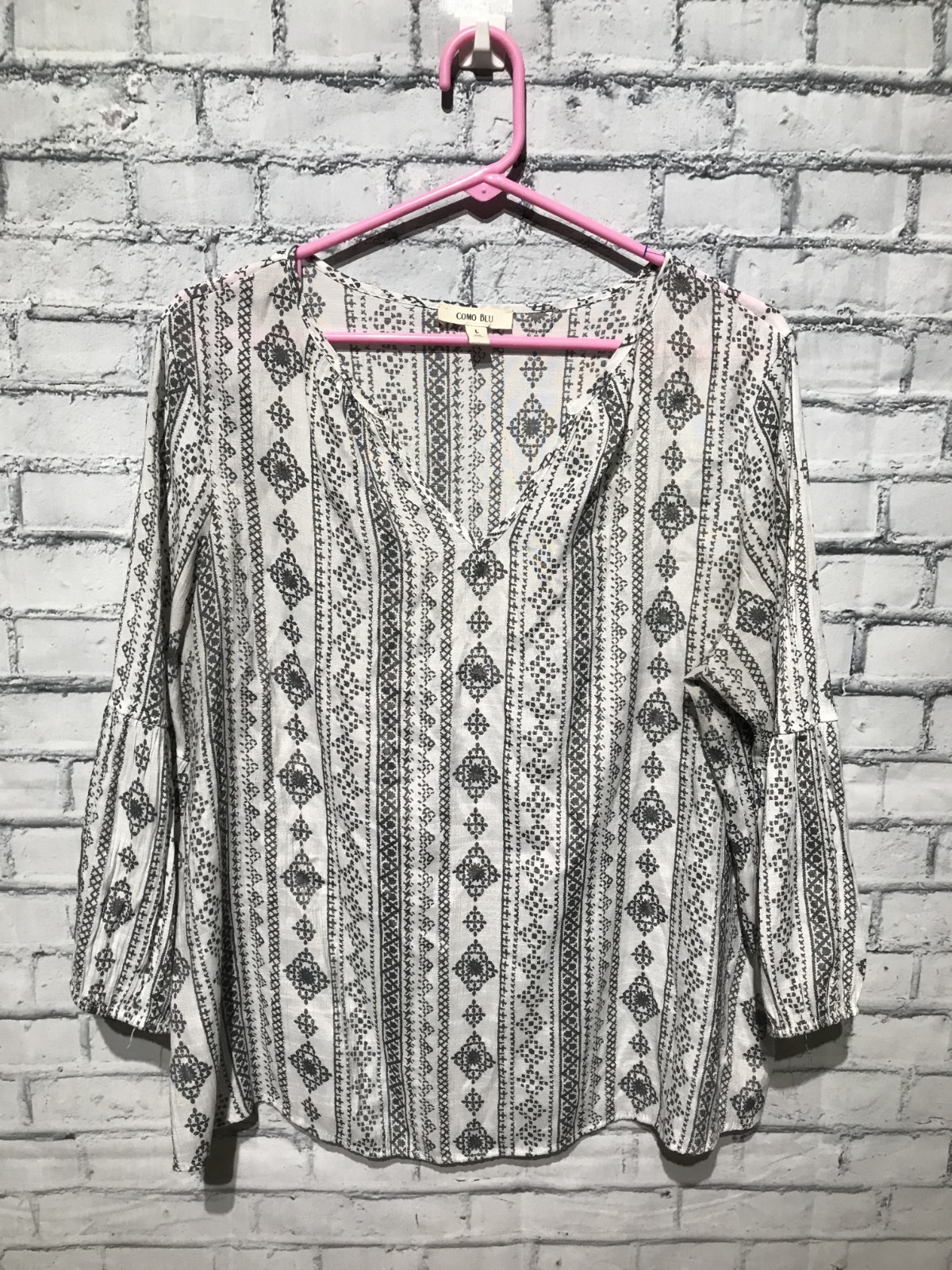Como Blu, L, Gray 3/4 Bloom Sleeve Lightweight See Through Boho Tunic Blouse/Top