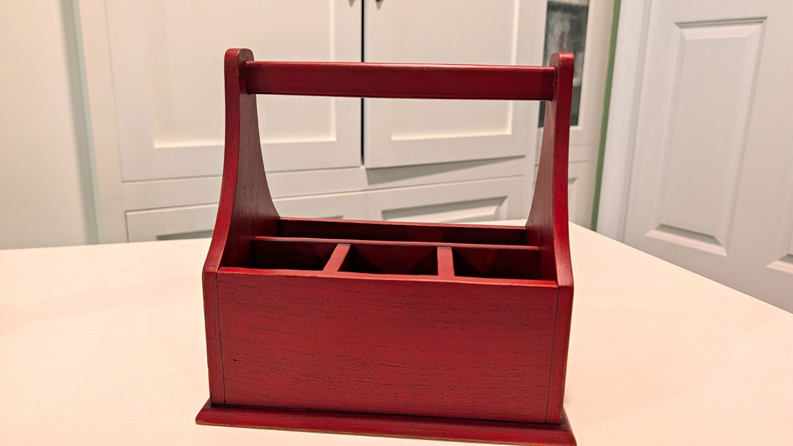 vintage, primitive red wooden organizer caddy with handle vintage, primitive red wooden organizer caddy with handle