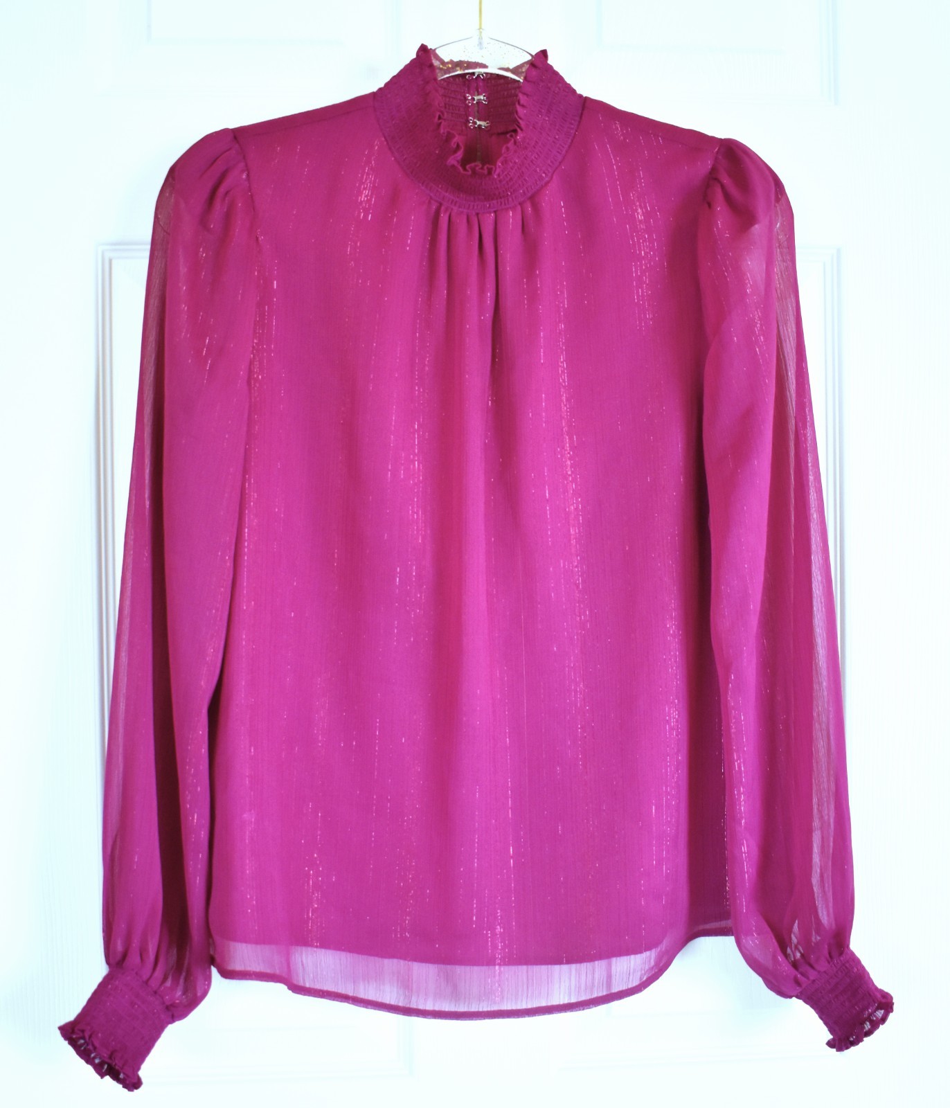 NWT Women\'s EXPRESS Mock Neck Blouse Fuchsia Pink Long Sleeve Shimmer SMALL