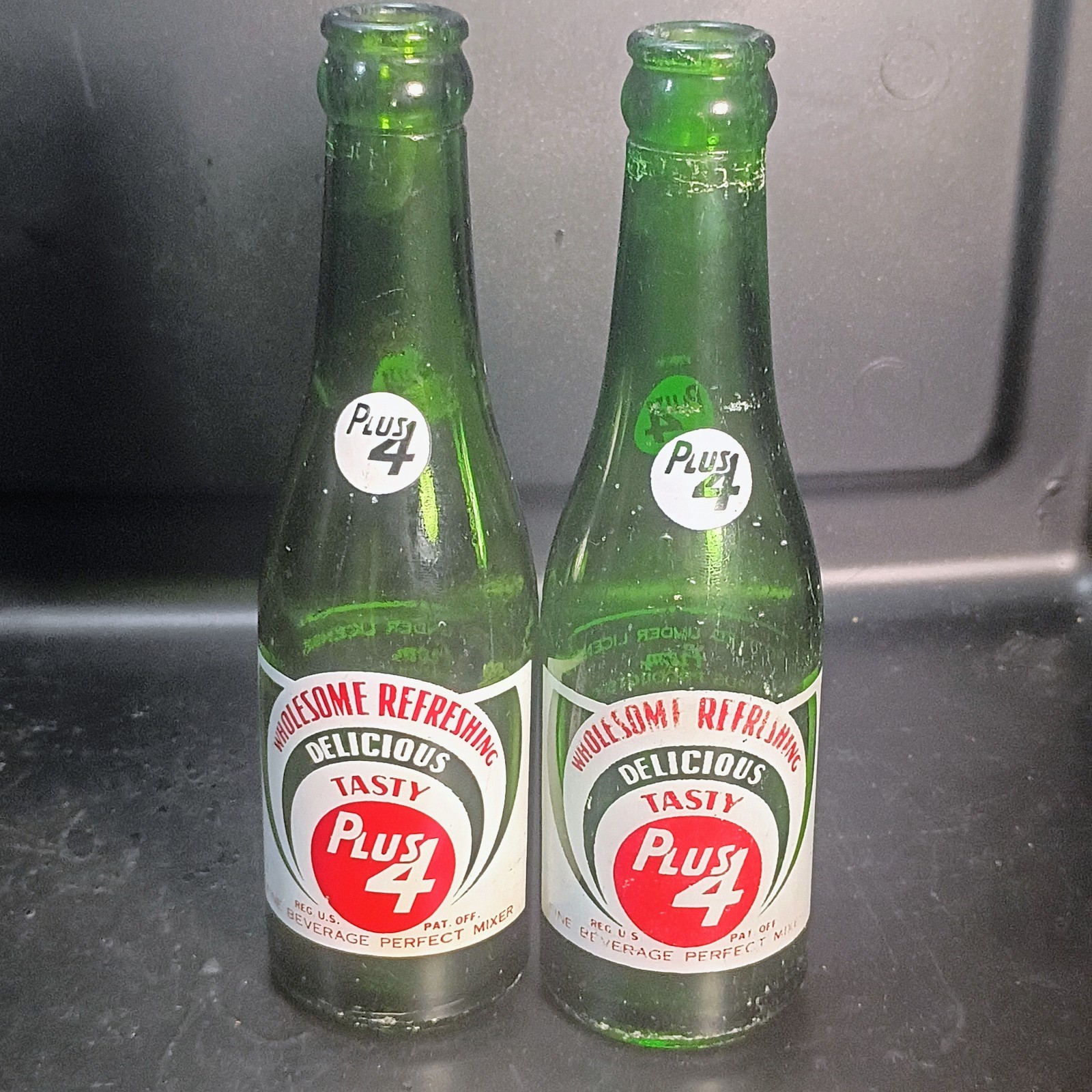2 Vintage 1960s Wholesome Refreshing Delicious Tasty Plus 4 Green Soda Bottles 2 Vintage 1960s Wholesome Refreshing Delicious Tasty Plus 4 Green Soda Bottles