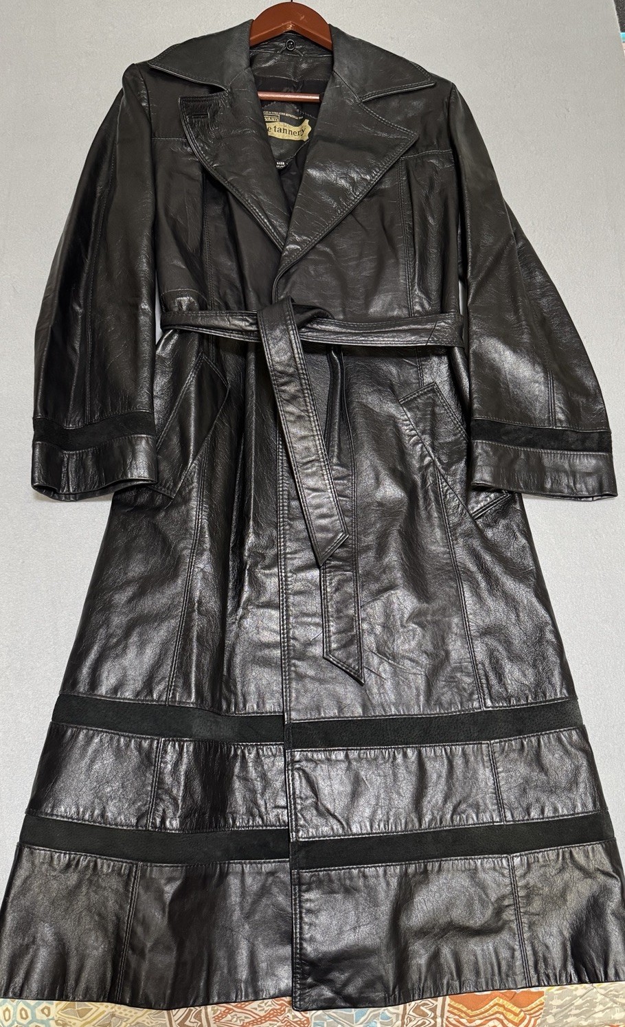 Vintage The Tannery Montgomery Ward Leather Overcoat Pockets Black  Belted M