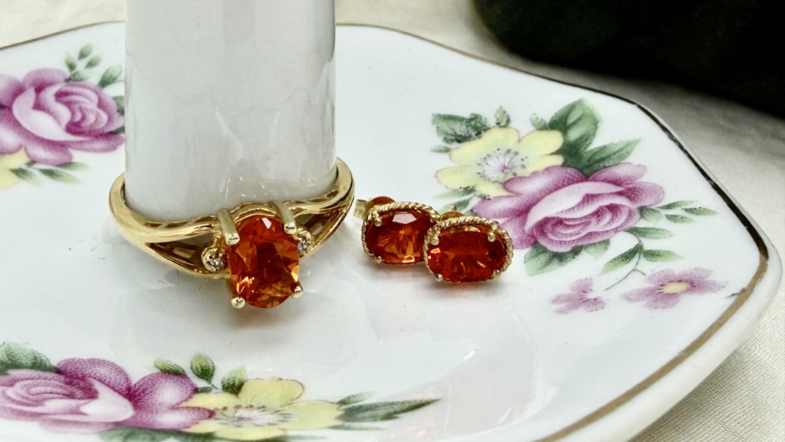 Vintage 90s 14K Gold Mandarin Spessartine Ring Earrings Set B.F. Hirsch Sz 8 Vintage 90s 14K Gold Mandarin Spessartine Ring Earrings Set B.F. Hirsch Sz 8