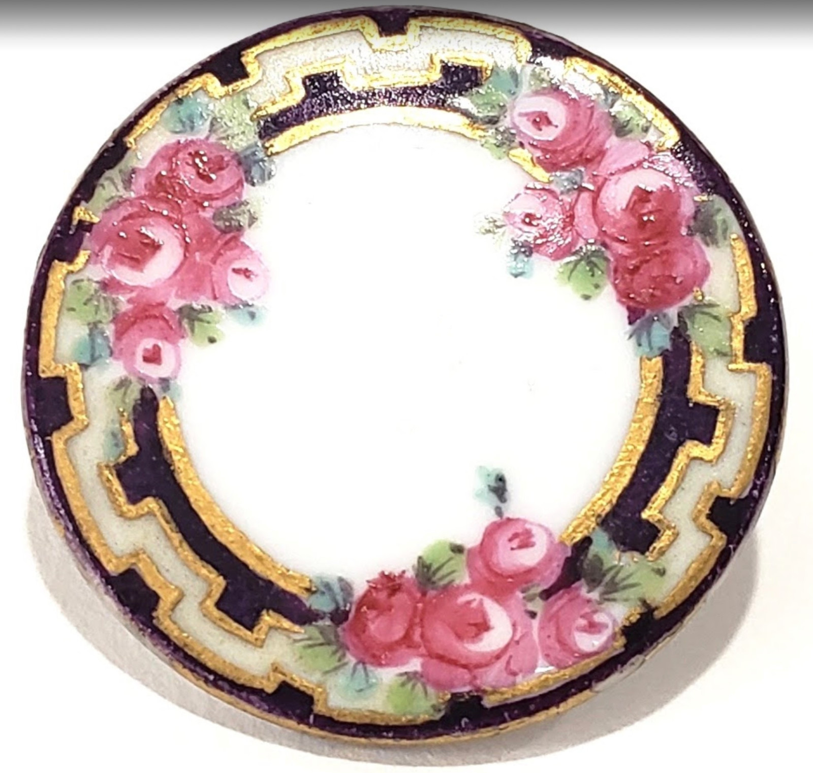 18C Porcelain Antique Button 4-Hole Back with Original Cat Gut Roses Greek Key 18C Porcelain Antique Button 4-Hole Back with Original Cat Gut Roses Greek Key