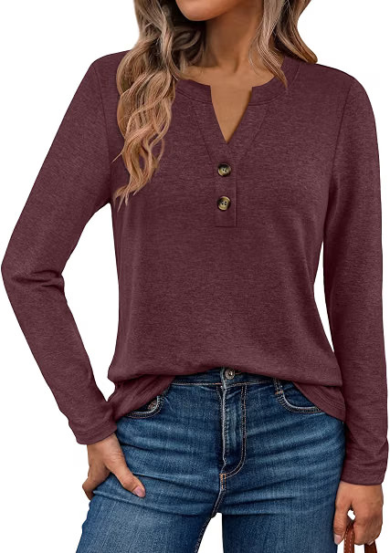 Womens Henley V Neck Long Sleeve Shirts / Wine-Red / All Size / Womens Henley V Neck Long Sleeve Shirts / Wine-Red / All Size /