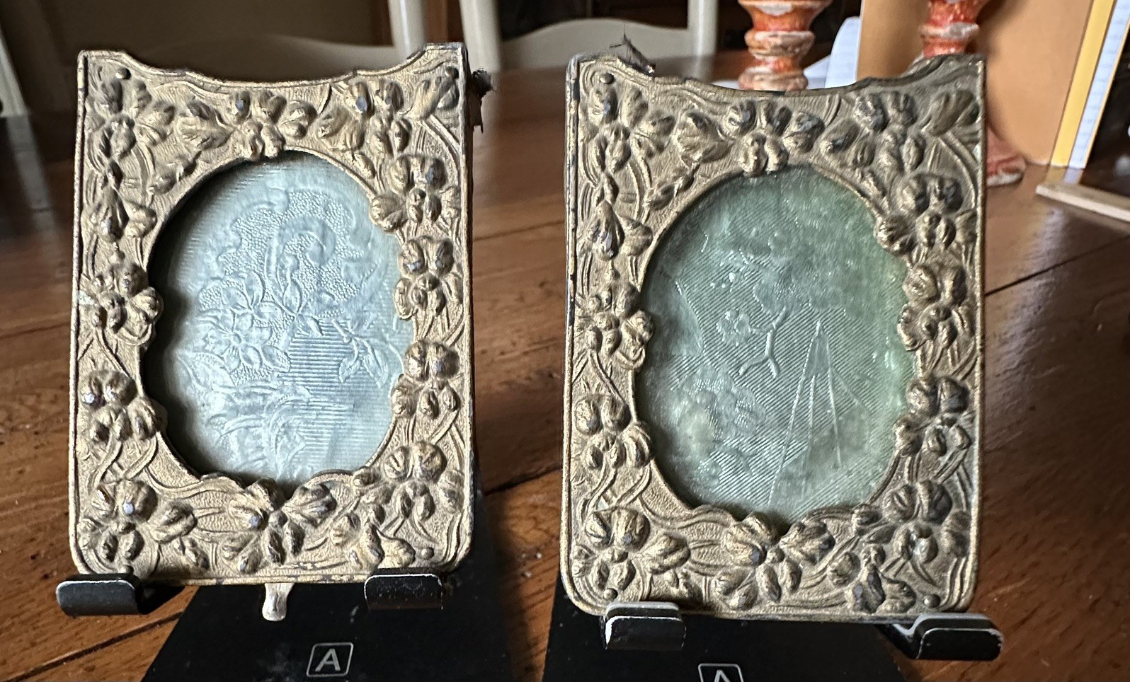 Pair Antique 1850s Daguerreotype Photo Cases Floral Frames Embossed Liners