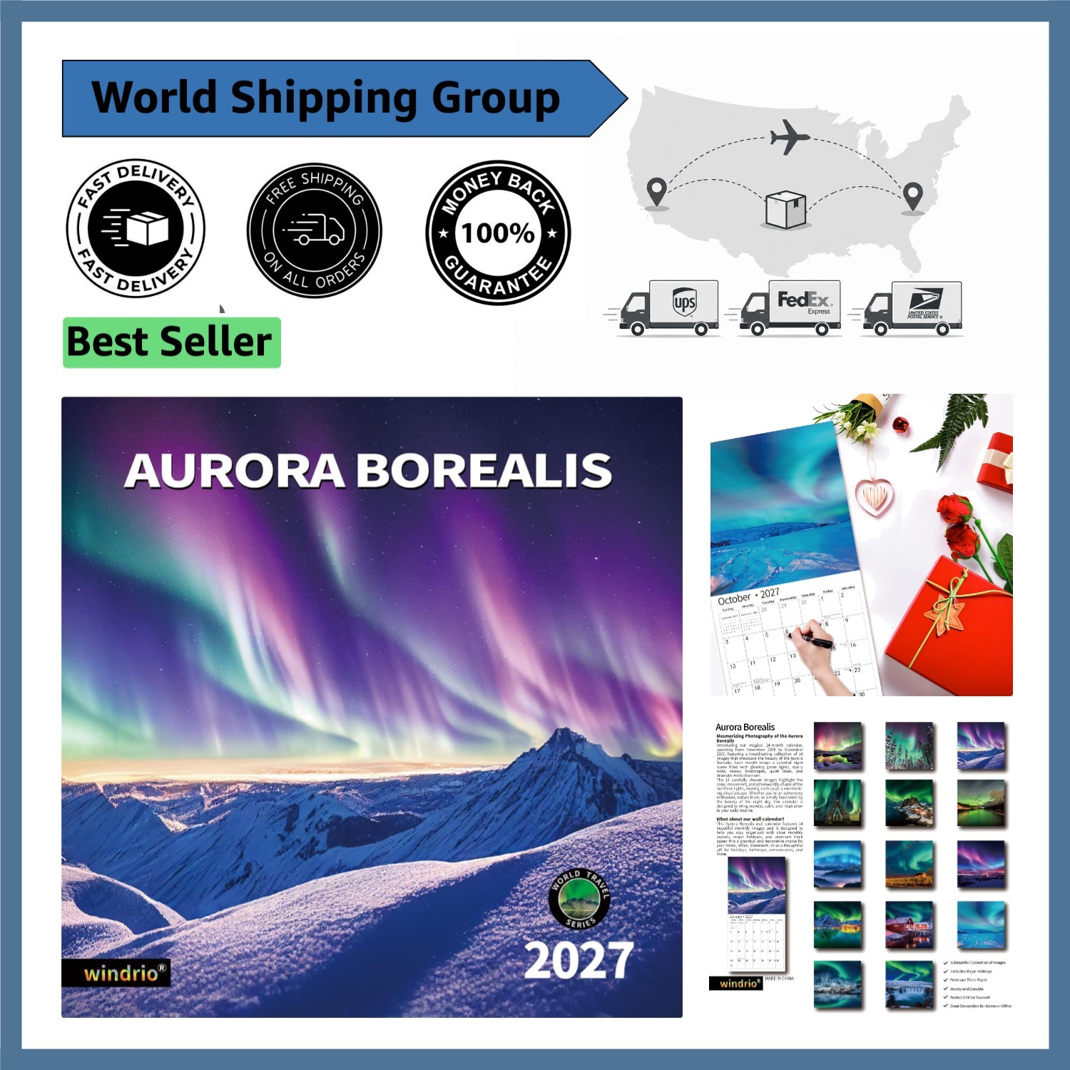 Eco-Friendly 2026-2027 Hanging Calendar - Stunning Aurora Design & Durability