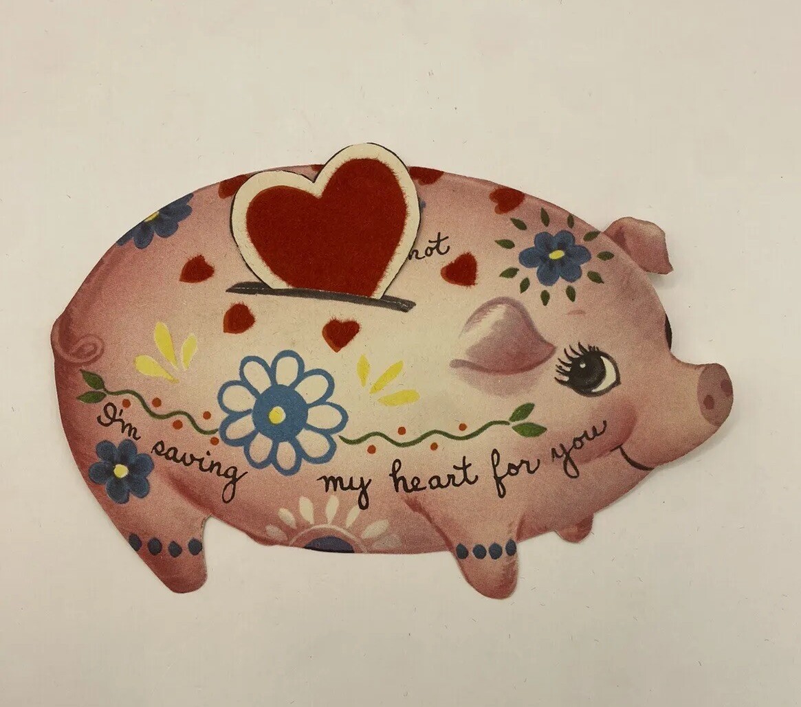 Piggy Bank Valentine Pig Flocked Heart Vintage Kitsch Rare Htf Antique USA