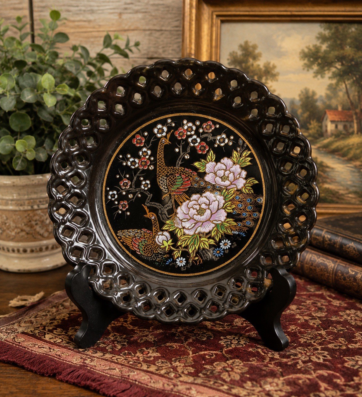 Vintage Kutani Japan Black Reticulated Peacock Floral Porcelain Display Plate