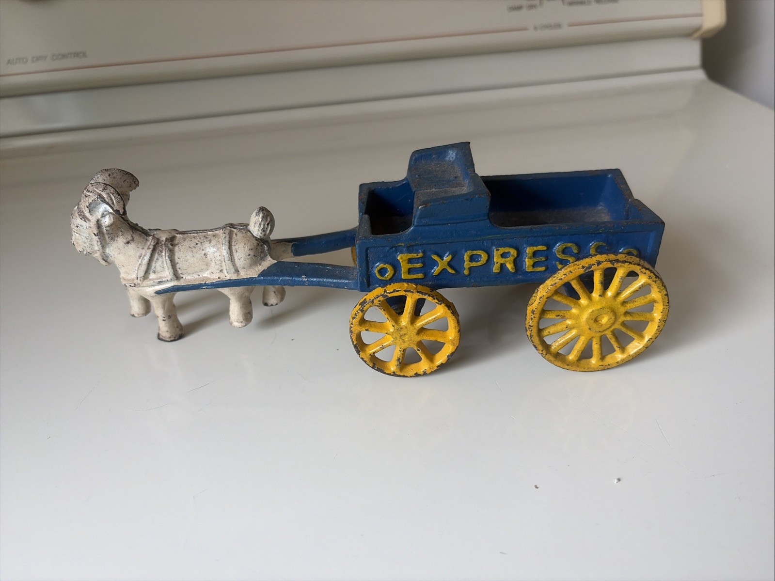 Vintage Cast Iron White Goat Pulling Wagon Labeled “Express” Toy Vintage Cast Iron White Goat Pulling Wagon Labeled “Express” Toy