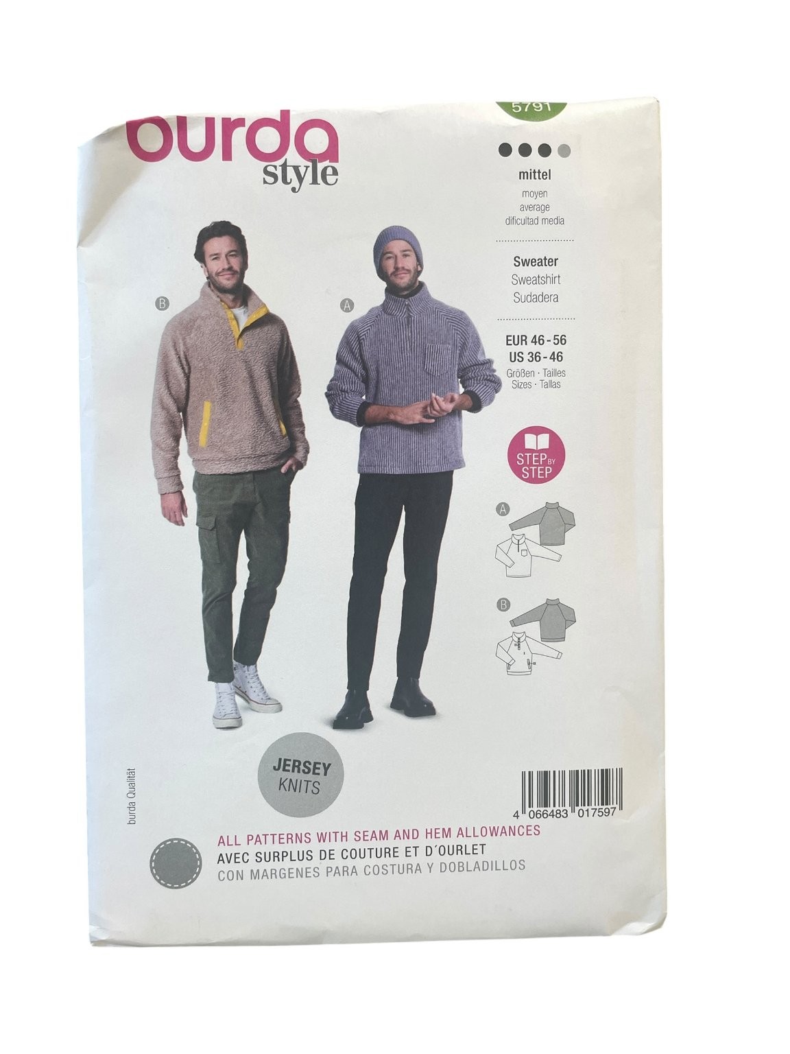 Burda Style 5791 Sweater Sweatshirt Sewing Pattern Men US 36-46 Modern Knit